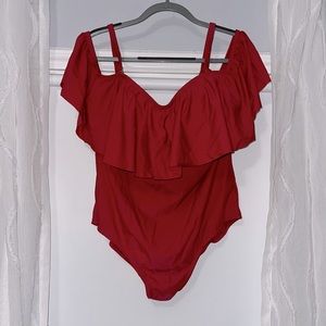 Red One Piece Bathing Suit w/ Ruffle Sleeves